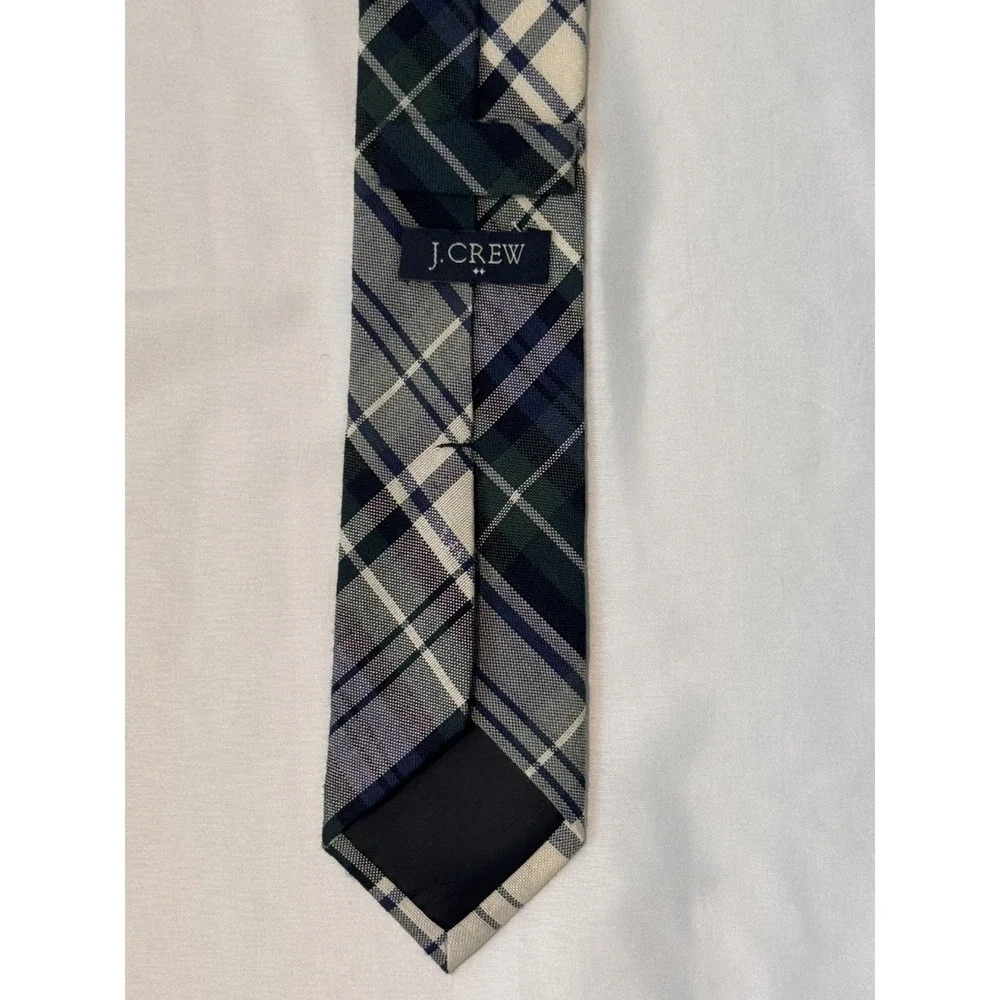 J.Crew Mens Plaid Necktie Navy Blue Green White Wool Silk Blend‎ Woven Tie